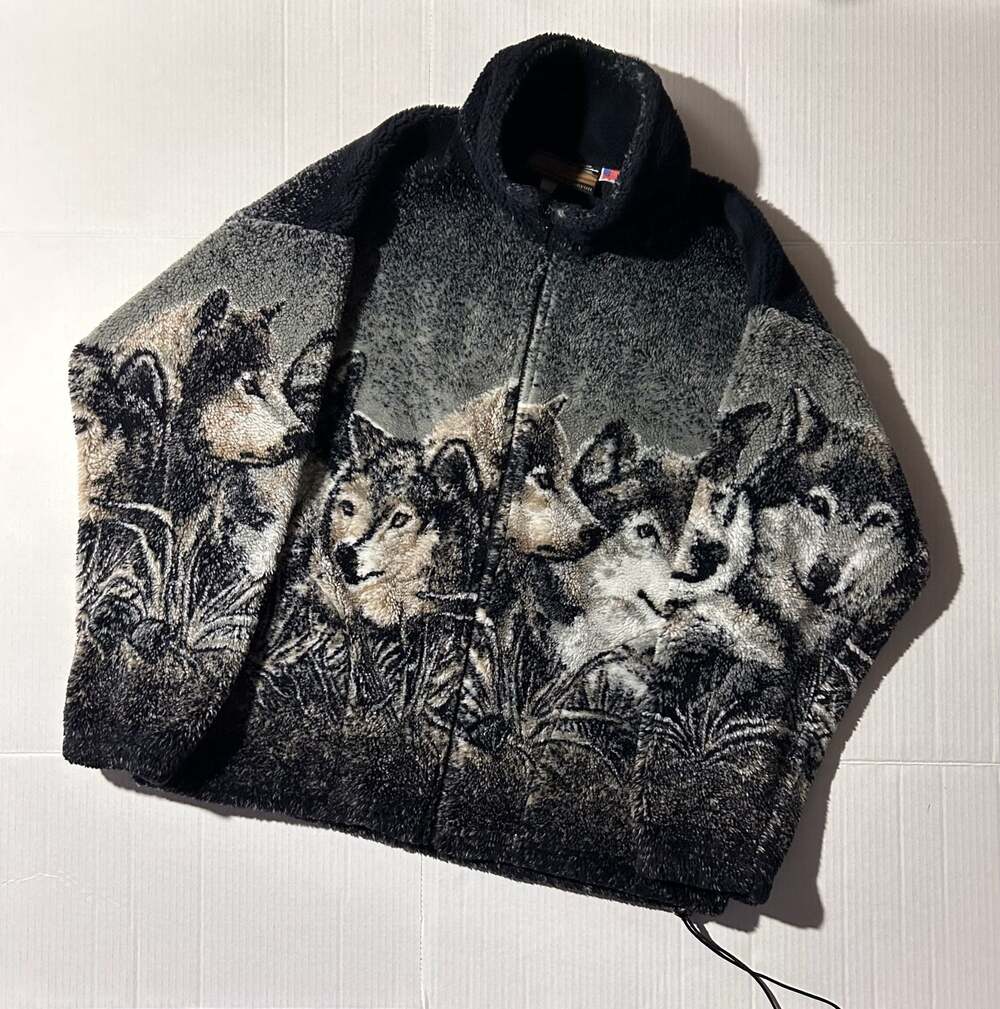 Vintage 1990s Cobblestone Canyon Wolf Print Full Zip Sherpa Fleece Jacket Men’s